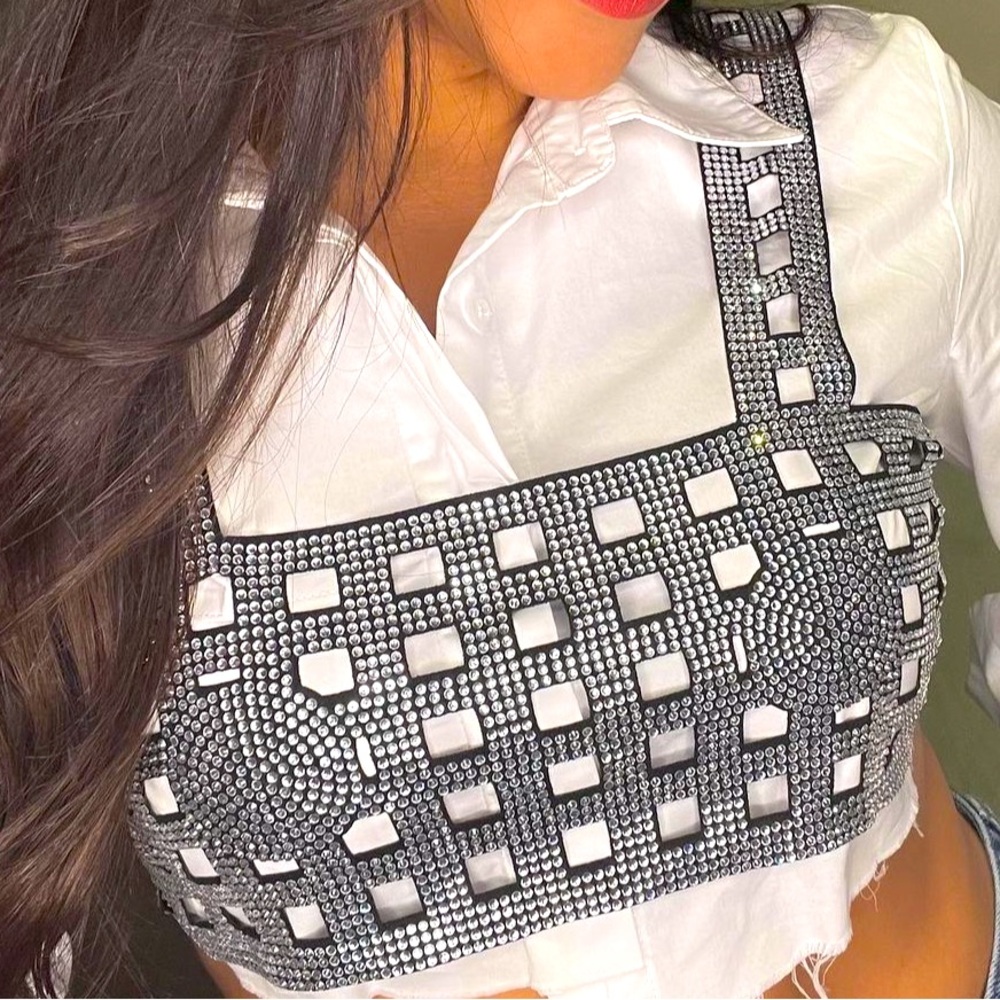 Shimmery, gem studs crop tank (Black)